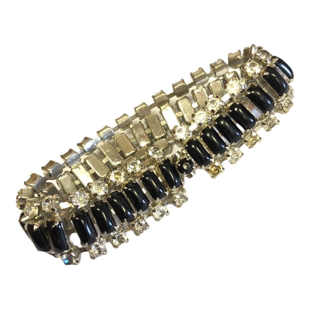Vintage Faux Black‎ Onyx & Clear Rhinestone Bracelet Silver-tone 7" Inches Long